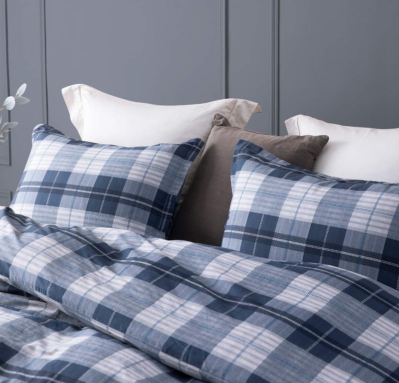 SLEEPBELLA Comforter Queen Size, 600 Thread Count Cotton Navy Blue & Grey Buffalo Pattern Blue Plaid Comforter Sets,Down Alternative Bedding Set 3Pcs (Queen, Navy Plaid) - Image 3